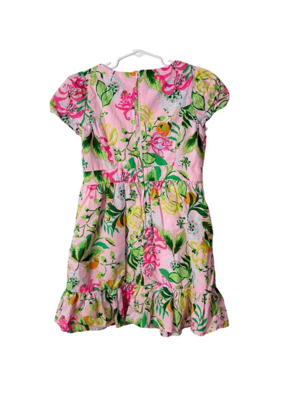 Lilly Pulitzer Girl Size 10 Dress Floral Pink Green Ruffle Cotton Short-Sleeve